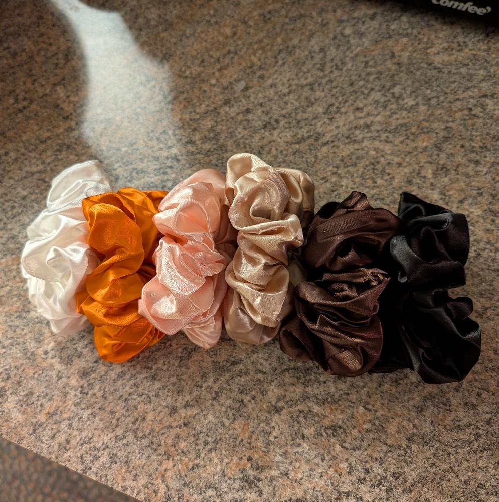 Luxurious Silk-Like Satin Scrunchies Bundle - 6 Colors, Soft Hair Ties